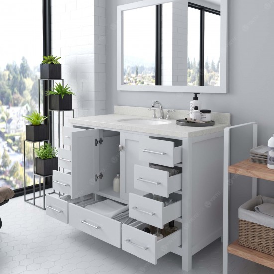 Caroline Avenue 48" Single Bath Vanity in White with White Quartz Top and Round Sink with Brushed Nickel Faucet and Mirror