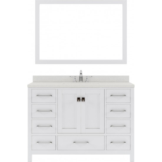 Caroline Avenue 48" Single Bath Vanity in White with White Quartz Top and Round Sink with Polished Chrome Faucet and Mirror