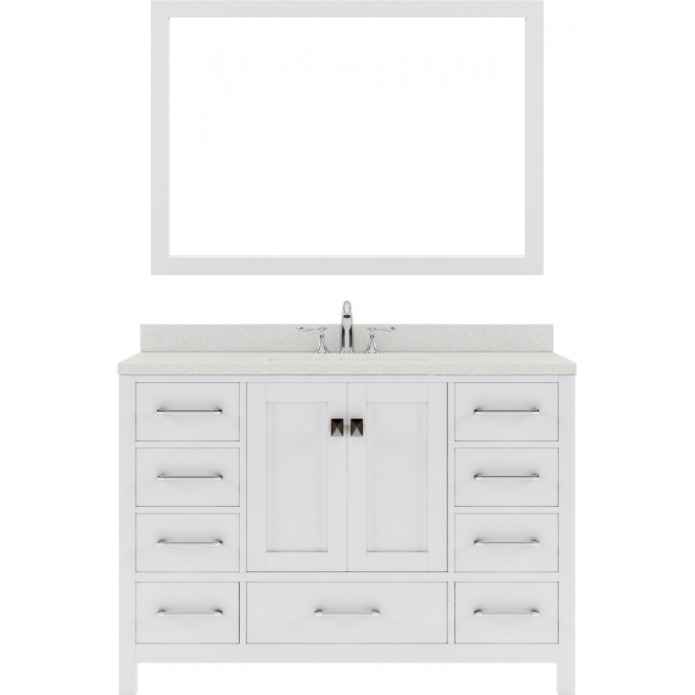 Caroline Avenue 48" Single Bath Vanity in White with White Quartz Top and Round Sink with Polished Chrome Faucet and Mirror