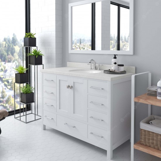 Caroline Avenue 48" Single Bath Vanity in White with White Quartz Top and Round Sink with Polished Chrome Faucet and Mirror