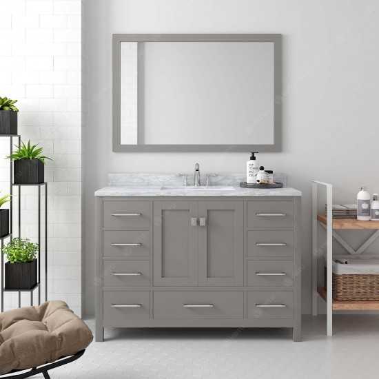 Caroline Avenue 48" Single Bath Vanity in Cashmere Gray with White Marble Top and Round Sink and Matching Mirror