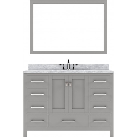 Caroline Avenue 48" Single Vanity in Cashmere Gray with White Marble Top and Round Sink with Brushed Nickel Faucet and Mirror