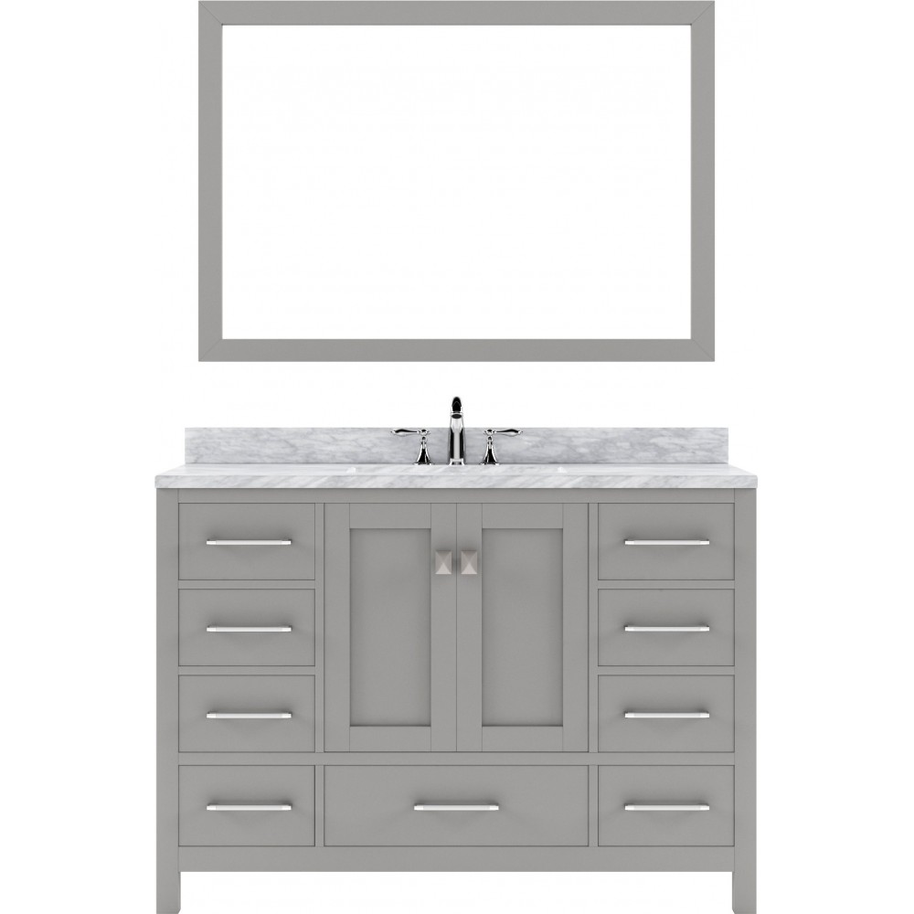 Caroline Avenue 48" Single Vanity in Cashmere Gray with White Marble Top and Round Sink with Brushed Nickel Faucet and Mirror