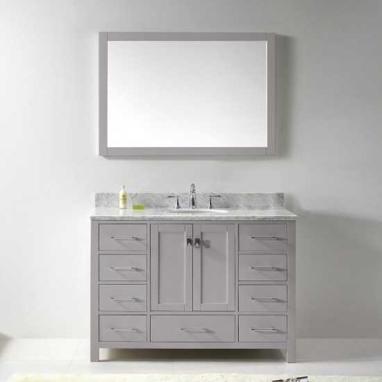 Caroline Avenue 48" Single Vanity in Cashmere Gray with White Marble Top and Round Sink with Brushed Nickel Faucet and Mirror