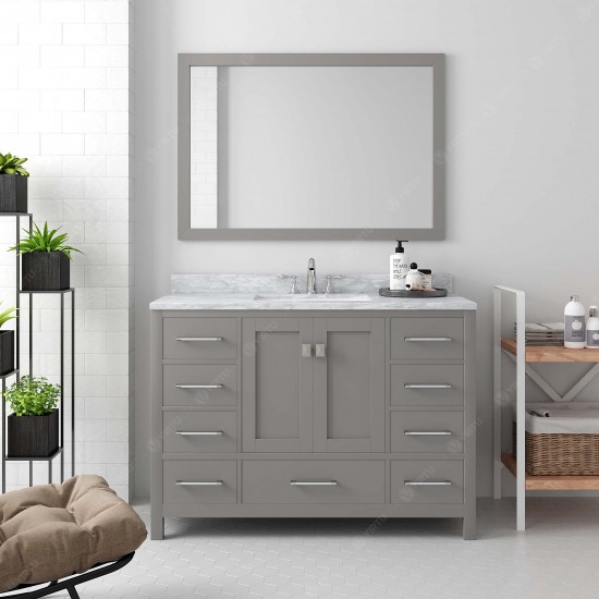 Caroline Avenue 48" Single Vanity in Cashmere Gray with White Marble Top and Round Sink with Brushed Nickel Faucet and Mirror