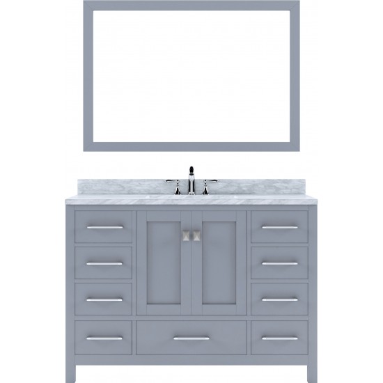 Caroline Avenue 48" Single Bath Vanity in Gray with White Marble Top and Round Sink with Brushed Nickel Faucet and Mirror