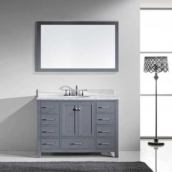 Caroline Avenue 48" Single Bath Vanity in Gray with White Marble Top and Round Sink with Brushed Nickel Faucet and Mirror