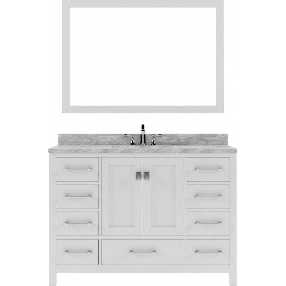 Caroline Avenue 48" Single Bath Vanity in White with White Marble Top and Round Sink with Brushed Nickel Faucet and Mirror