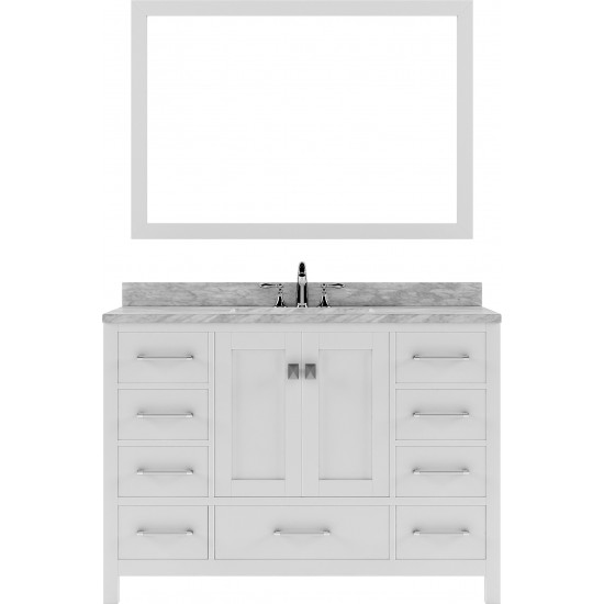 Caroline Avenue 48" Single Bath Vanity in White with White Marble Top and Round Sink with Polished Chrome Faucet and Mirror