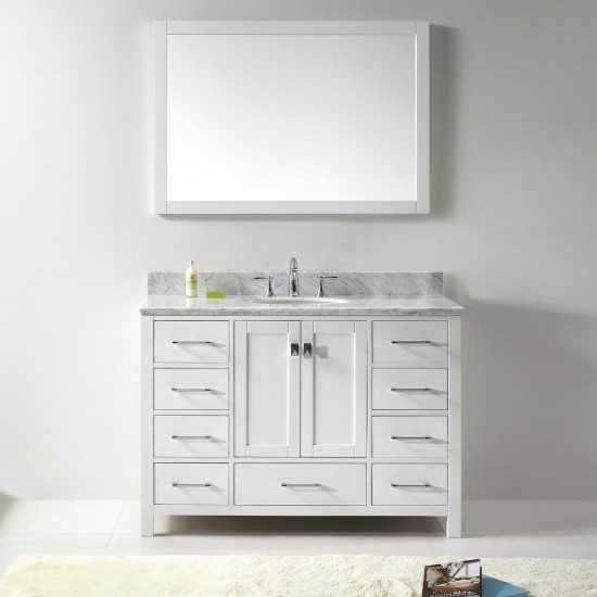 Caroline Avenue 48" Single Bath Vanity in White with White Marble Top and Round Sink with Polished Chrome Faucet and Mirror