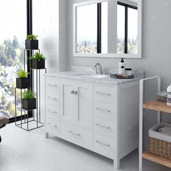 Caroline Avenue 48" Single Bath Vanity in White with White Marble Top and Round Sink with Polished Chrome Faucet and Mirror