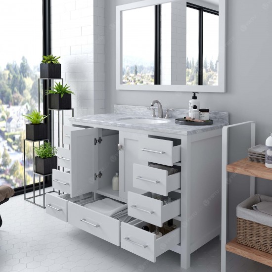 Caroline Avenue 48" Single Bath Vanity in White with White Marble Top and Round Sink with Polished Chrome Faucet and Mirror