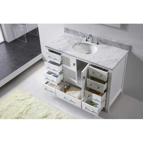 Caroline Avenue 48" Single Bath Vanity in White with White Marble Top and Round Sink with Polished Chrome Faucet and Mirror