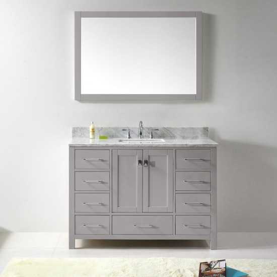 Caroline Avenue 48" Single Bath Vanity in Cashmere Gray with White Marble Top and Square Sink and Matching Mirror