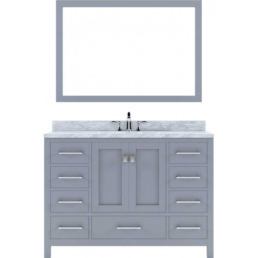 Caroline Avenue 48" Single Bath Vanity in Gray with White Marble Top and Square Sink with Polished Chrome Faucet and Mirror