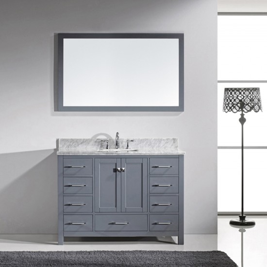 Caroline Avenue 48" Single Bath Vanity in Gray with White Marble Top and Square Sink with Polished Chrome Faucet and Mirror