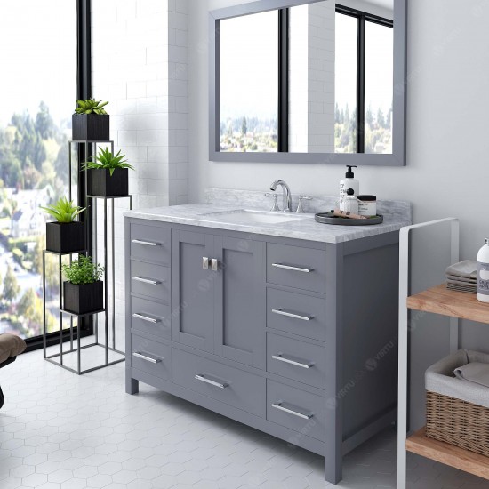 Caroline Avenue 48" Single Bath Vanity in Gray with White Marble Top and Square Sink with Polished Chrome Faucet and Mirror