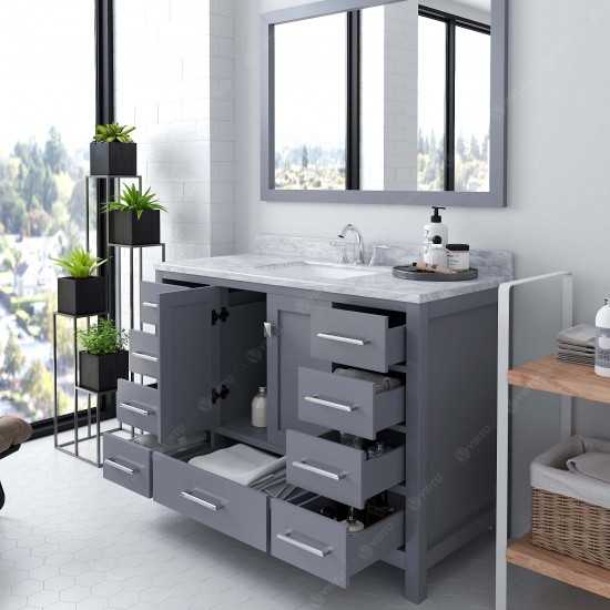 Caroline Avenue 48" Single Bath Vanity in Gray with White Marble Top and Square Sink with Polished Chrome Faucet and Mirror