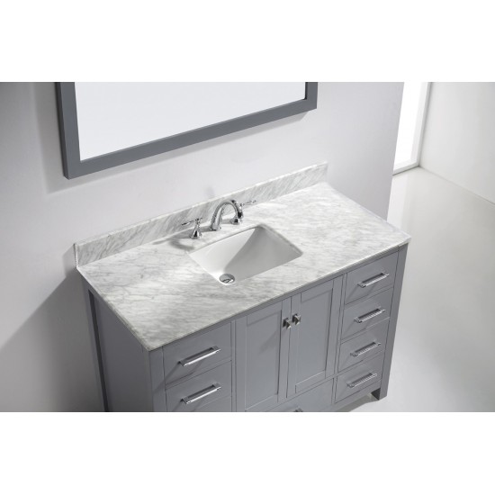 Caroline Avenue 48" Single Bath Vanity in Gray with White Marble Top and Square Sink with Polished Chrome Faucet and Mirror