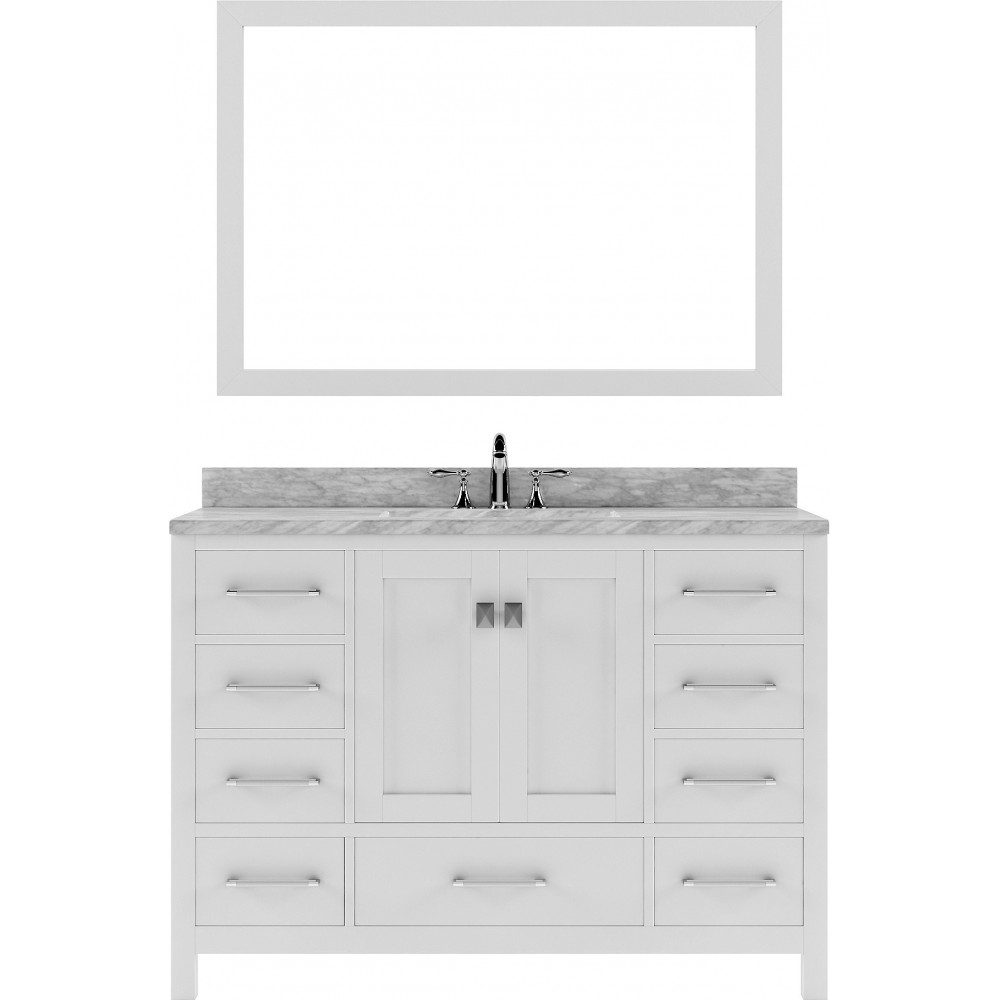 Caroline Avenue 48" Single Bath Vanity in White with White Marble Top and Square Sink with Polished Chrome Faucet and Mirror