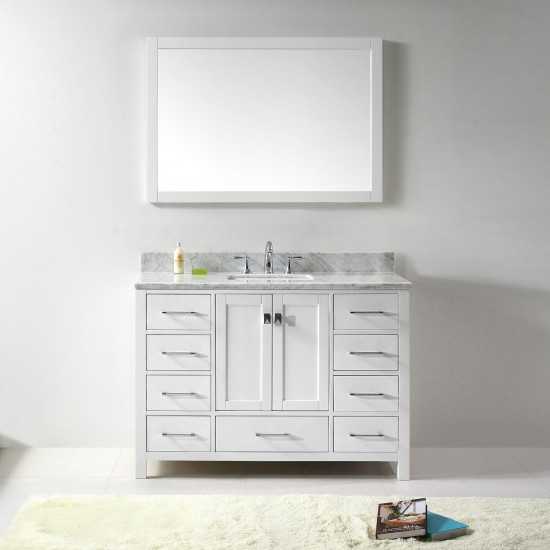 Caroline Avenue 48" Single Bath Vanity in White with White Marble Top and Square Sink with Polished Chrome Faucet and Mirror