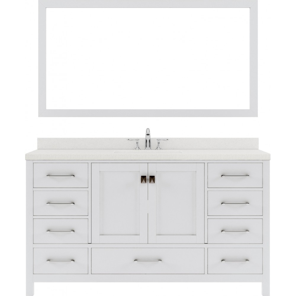 Caroline Avenue 60" Single Bath Vanity in White with White Quartz Top and Round Sink and Matching Mirror