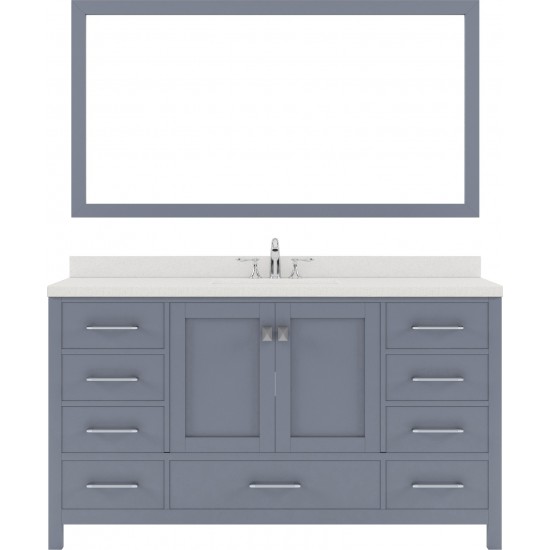 Caroline Avenue 60" Single Bath Vanity in Gray with White Quartz Top and Square Sink and Matching Mirror