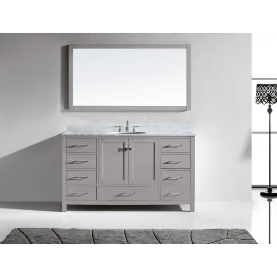 Caroline Avenue 60" Single Bath Vanity in Cashmere Gray with White Marble Top and Round Sink and Matching Mirror