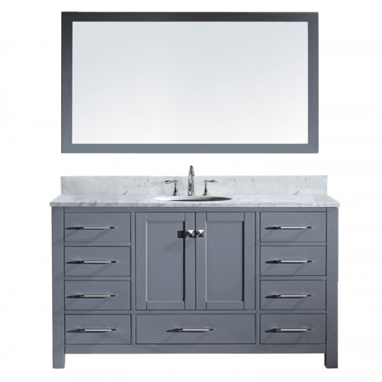 Caroline Avenue 60" Single Bath Vanity in Gray with White Marble Top and Round Sink and Matching Mirror