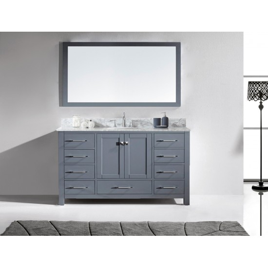 Caroline Avenue 60" Single Bath Vanity in Gray with White Marble Top and Round Sink and Matching Mirror