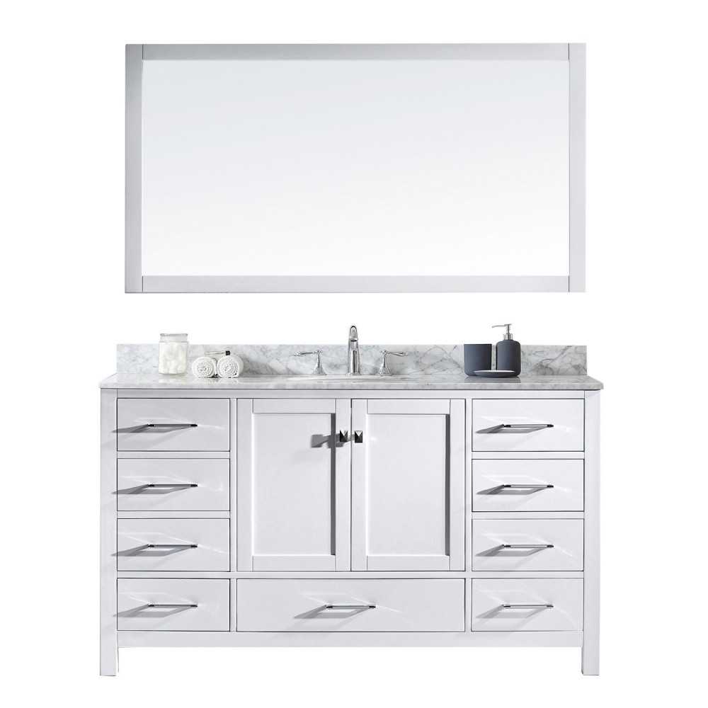 Caroline Avenue 60" Single Bath Vanity in White with White Marble Top and Round Sink and Matching Mirror