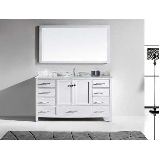 Caroline Avenue 60" Single Bath Vanity in White with White Marble Top and Round Sink and Matching Mirror