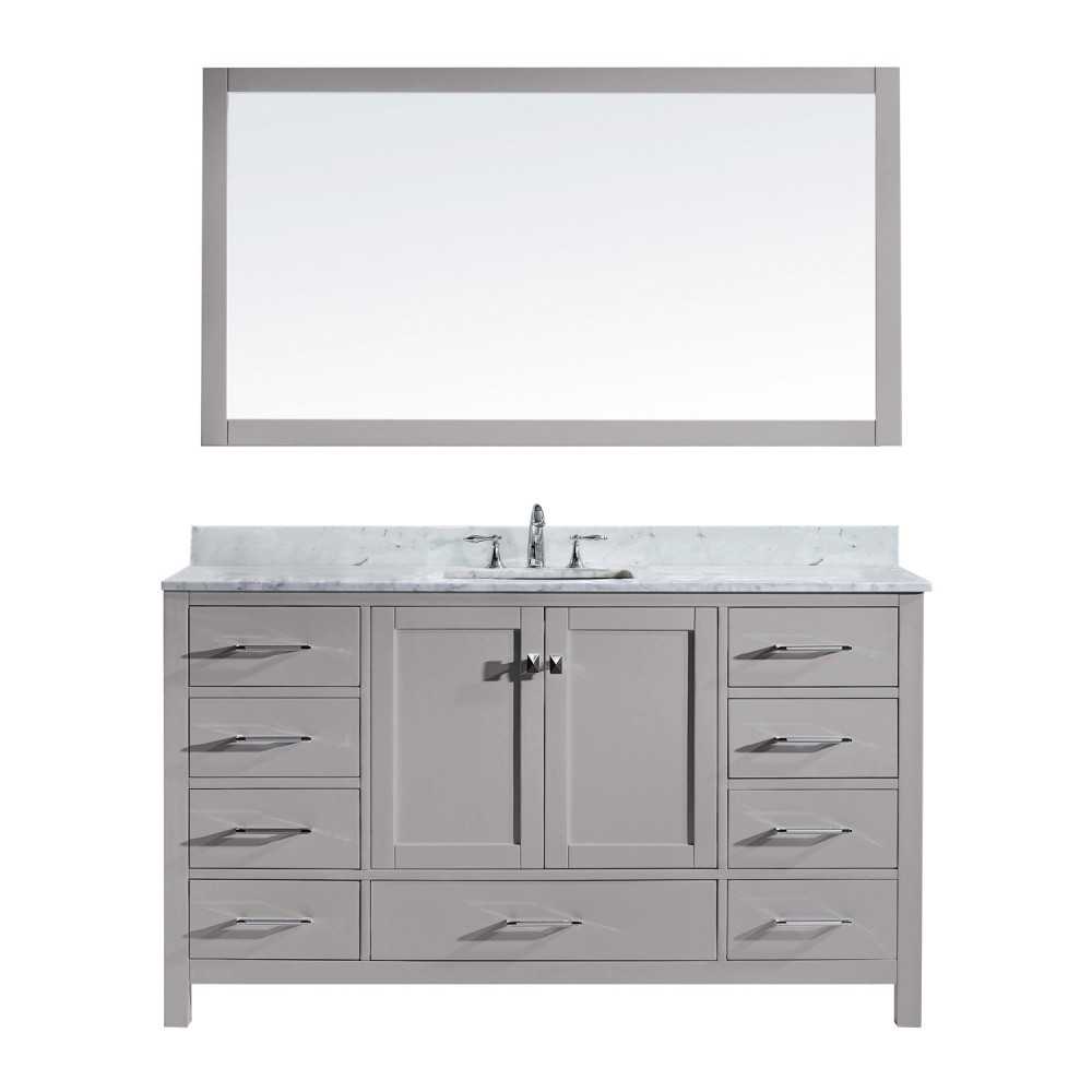 Caroline Avenue 60" Single Bath Vanity in Cashmere Gray with White Marble Top and Square Sink and Matching Mirror