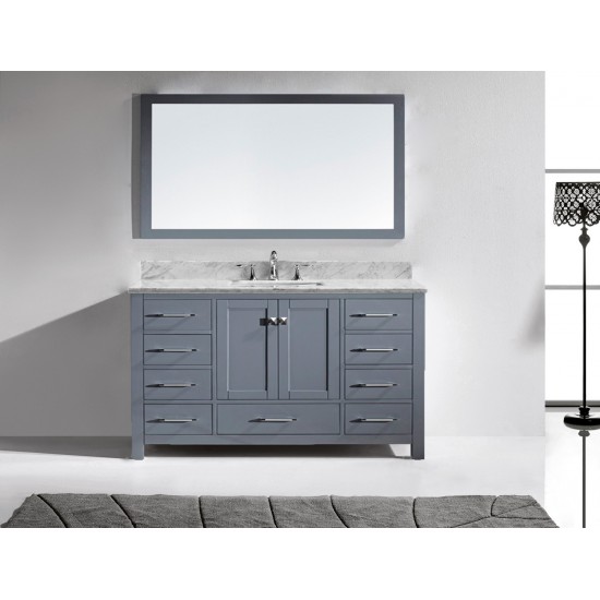 Caroline Avenue 60" Single Bath Vanity in Gray with White Marble Top and Square Sink and Matching Mirror