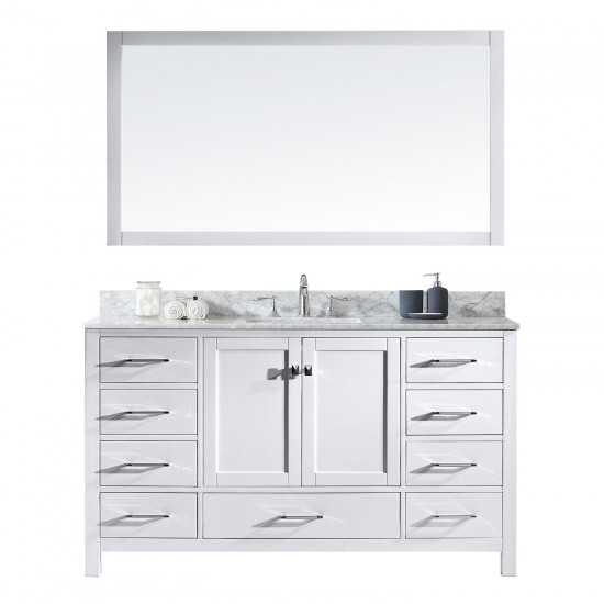 Caroline Avenue 60" Single Bath Vanity in White with White Marble Top and Square Sink and Matching Mirror