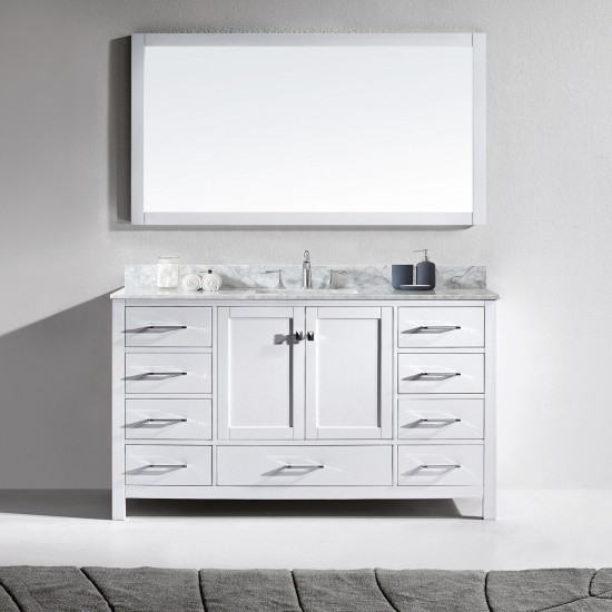 Caroline Avenue 60" Single Bath Vanity in White with White Marble Top and Square Sink and Matching Mirror