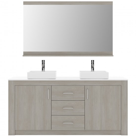 Tavian 60" Double Bath Vanity in Gray Oak with White Engineered Stone Top and Square Sinks and Matching Mirror