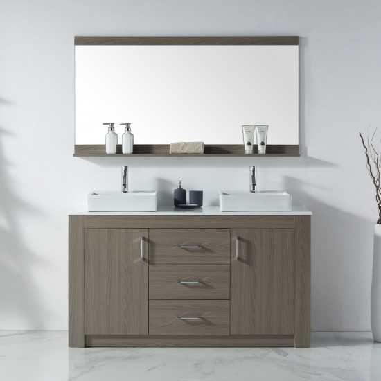 Tavian 60" Double Bath Vanity in Gray Oak with White Engineered Stone Top and Square Sinks and Matching Mirror