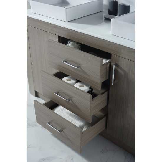 Tavian 60" Double Bath Vanity in Gray Oak with White Engineered Stone Top and Square Sinks and Matching Mirror