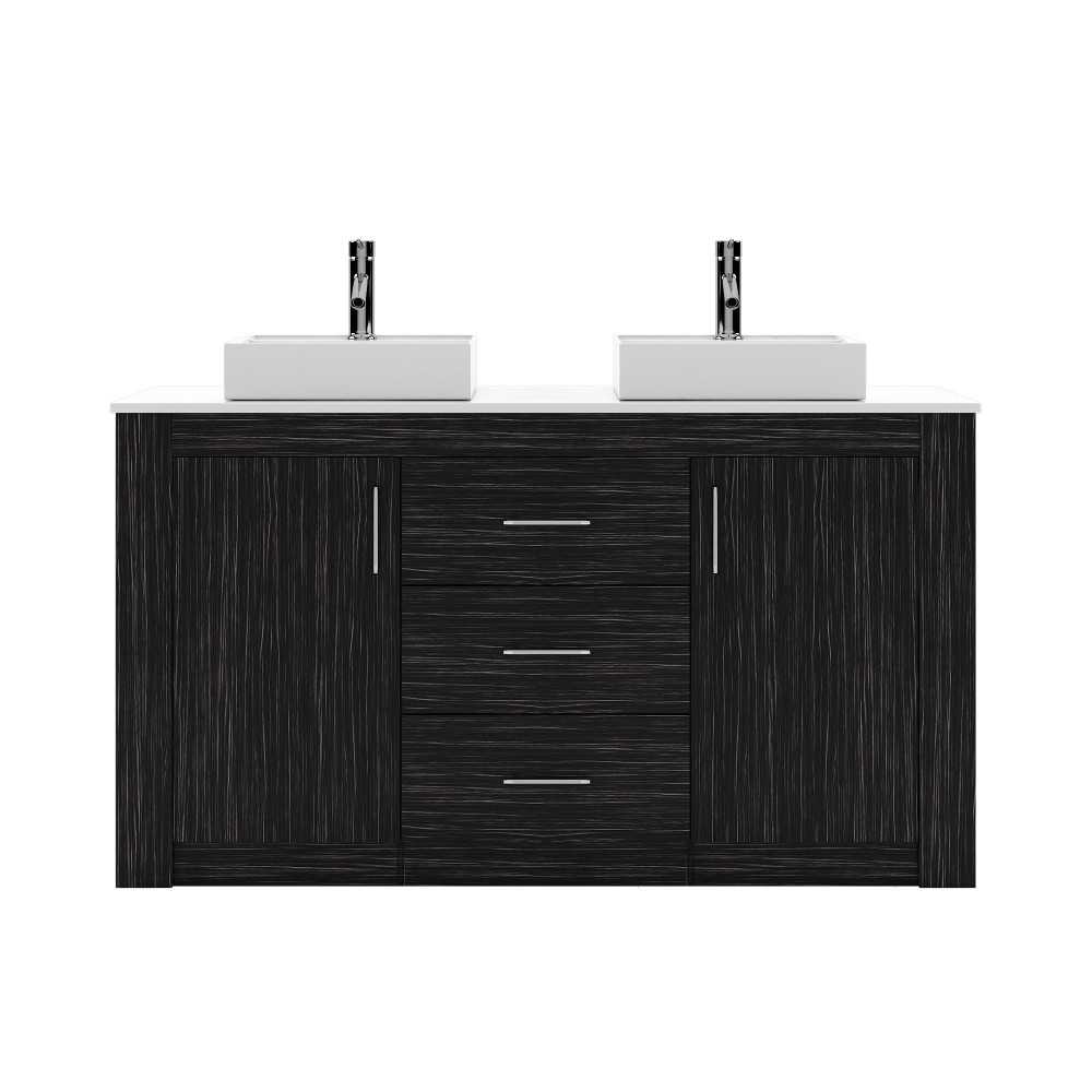 Tavian 60" Double Bath Vanity in Midnight Oak with White Engineered Stone Top and Square Sinks