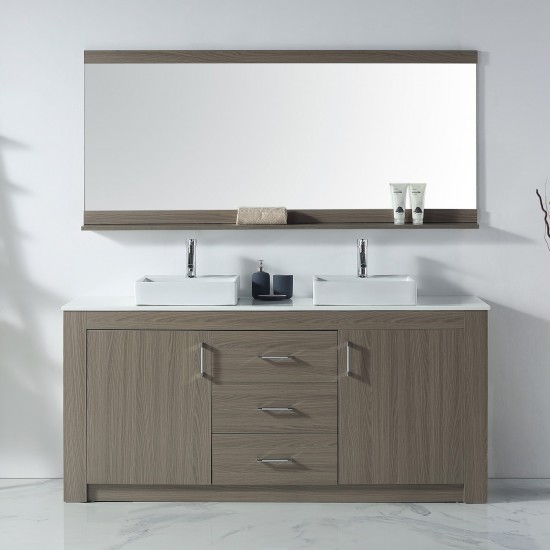 Tavian 72" Double Bath Vanity in Gray Oak with White Engineered Stone Top and Square Sinks and Matching Mirror