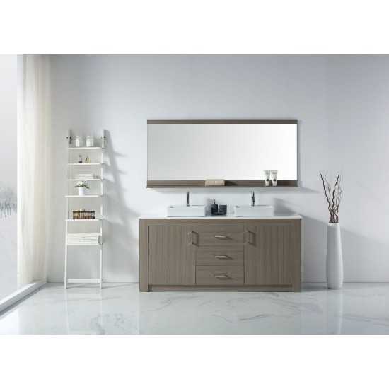 Tavian 72" Double Bath Vanity in Gray Oak with White Engineered Stone Top and Square Sinks and Matching Mirror