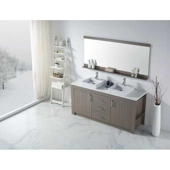 Tavian 72" Double Bath Vanity in Gray Oak with White Engineered Stone Top and Square Sinks and Matching Mirror