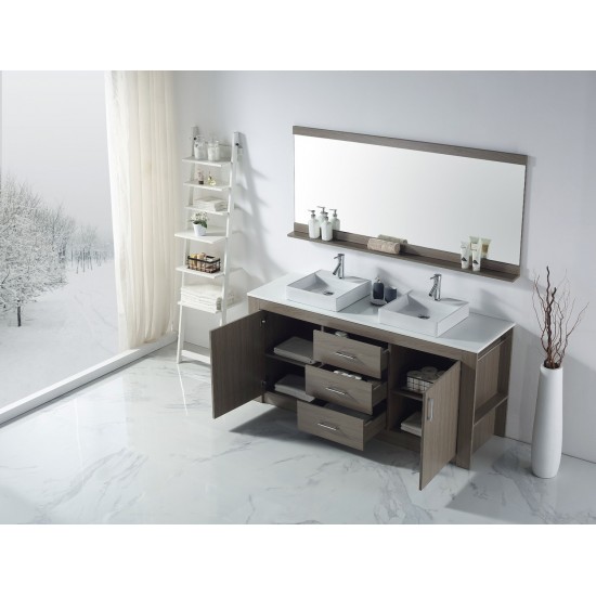 Tavian 72" Double Bath Vanity in Gray Oak with White Engineered Stone Top and Square Sinks and Matching Mirror