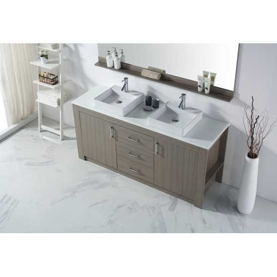 Tavian 72" Double Bath Vanity in Gray Oak with White Engineered Stone Top and Square Sinks and Matching Mirror