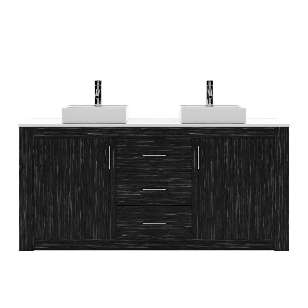 Tavian 72" Double Bath Vanity in Midnight Oak with White Engineered Stone Top and Square Sinks