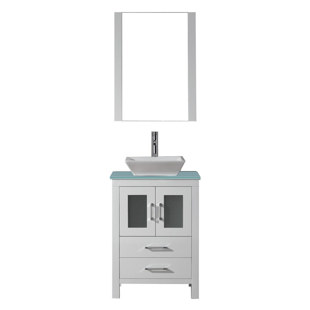 Dior 24" Single Bath Vanity in White with Green Glass Top and Matching Mirror