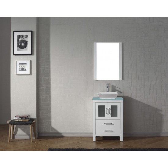 Dior 24" Single Bath Vanity in White with Green Glass Top and Matching Mirror