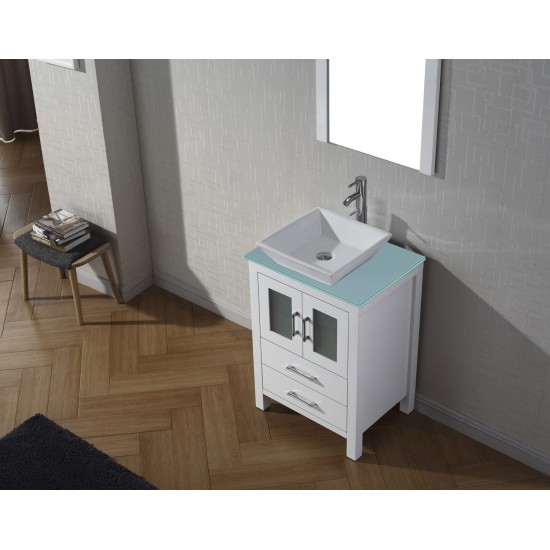 Dior 24" Single Bath Vanity in White with Green Glass Top and Matching Mirror