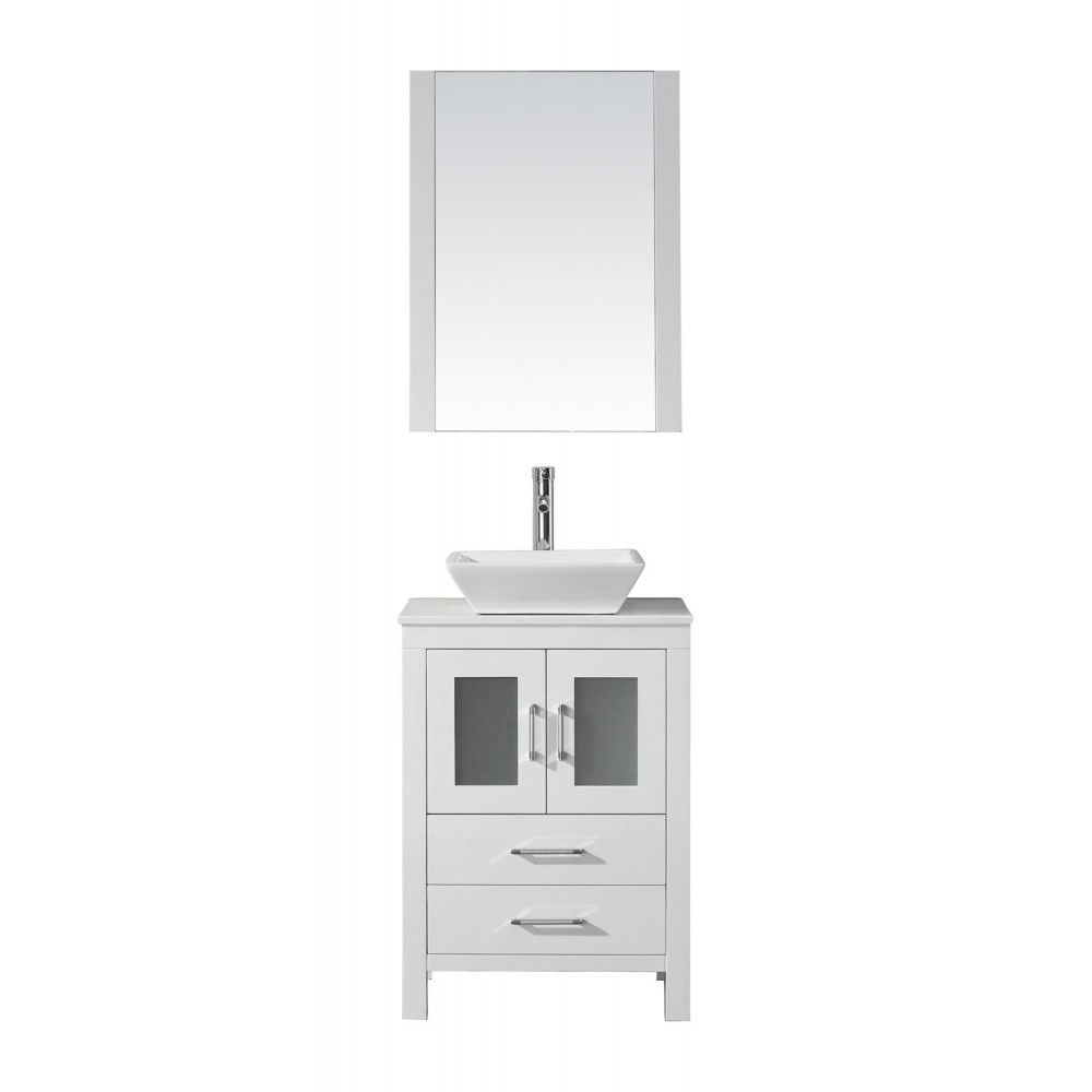 Dior 24" Single Bath Vanity in White with White Engineered Stone Top and Square Sink and Matching Mirror